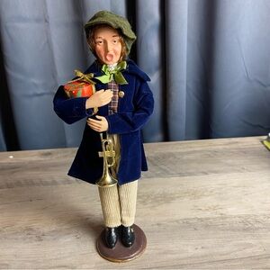 Boy Caroler Figurine‎ with Trumpet and Gift, Blue Velvet Coat